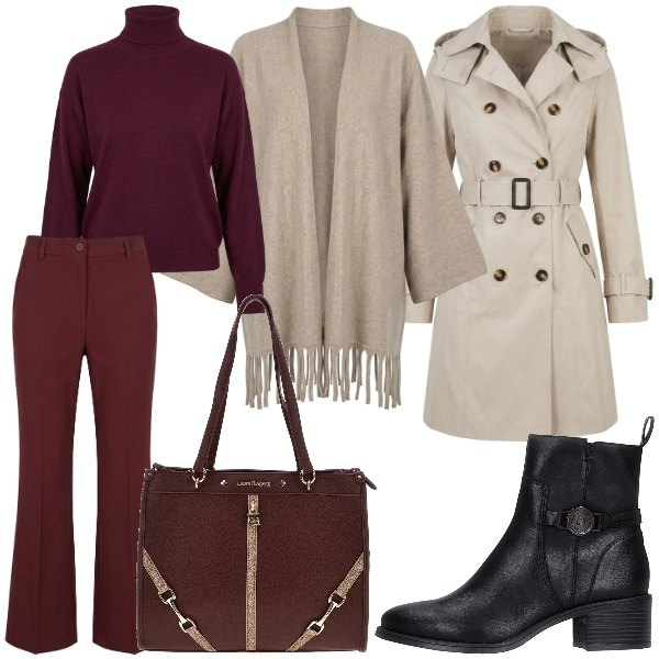 Outfit donna - Layering di stagione. Stile Casual chic per Tutti i giorni. Abbinamento con kimono, trench, pantaloni, pullovers, stivaletti, borse a spalla.