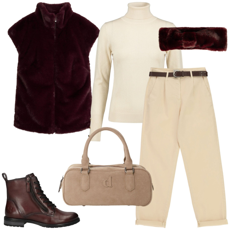 Outfit donna - Total look #2490241. Stile Casual chic per Tutti i giorni. Abbinamento con pantaloni, borse a mano, pullovers, accessori per capelli, gilet, stivaletti.
