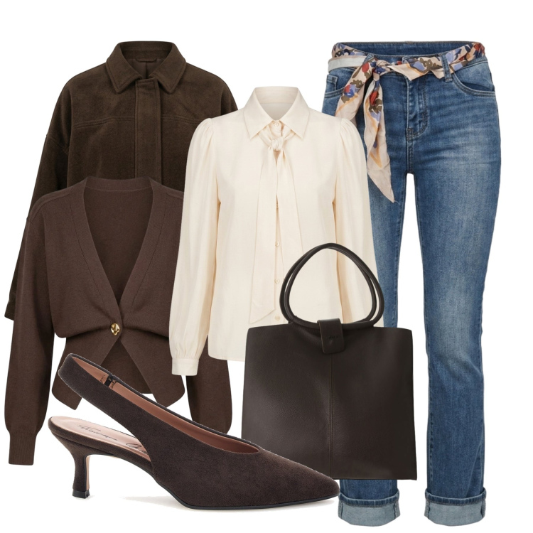 Outfit donna - Smart Layering Strategy. Stile Glamour per Ufficio. Abbinamento con borse a spalla, jeans a zampa, cardigans, camicie, bomber, décolleté.