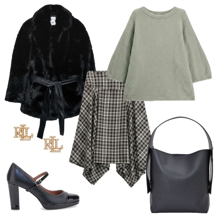 Outfit donna - Total look #2490243. Stile Chic per Ufficio. Abbinamento con maglieria, orecchini, gonne longuette, borse a spalla, trench, décolleté.