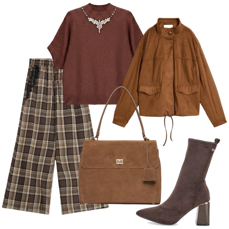 Outfit donna - Serata fuori. Stile Basic per Serata fuori. Abbinamento con maglieria, borse a mano, pantaloni a palazzo, stivaletti, bomber.