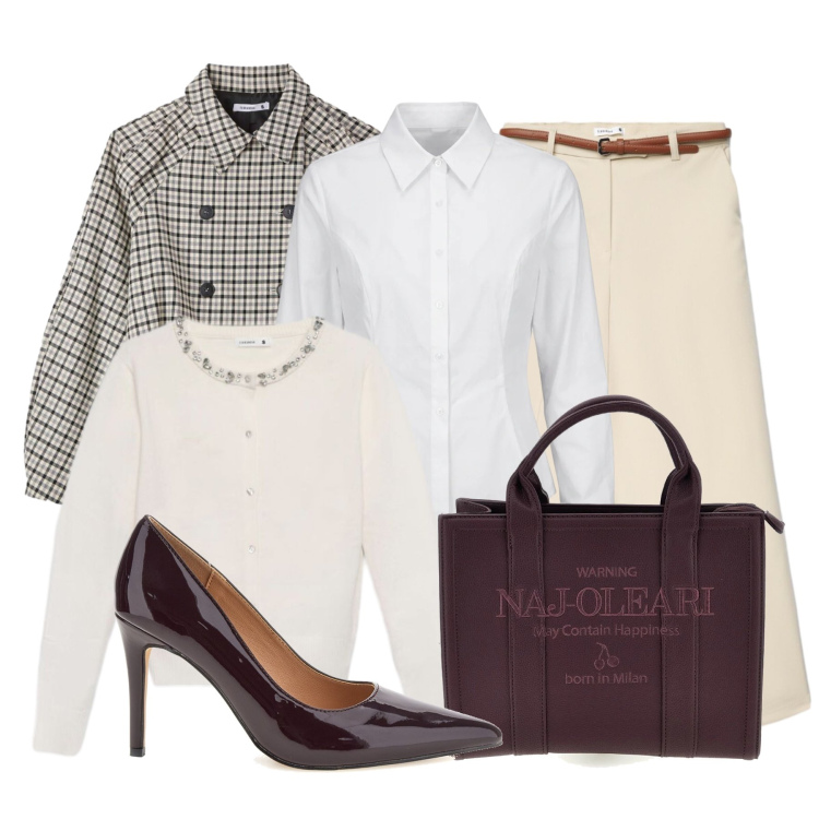 Outfit donna - Smart Layering Strategy. Stile Glamour per Ufficio. Abbinamento con camicie, caban, pantaloni, cardigans, décolleté, borse a mano.