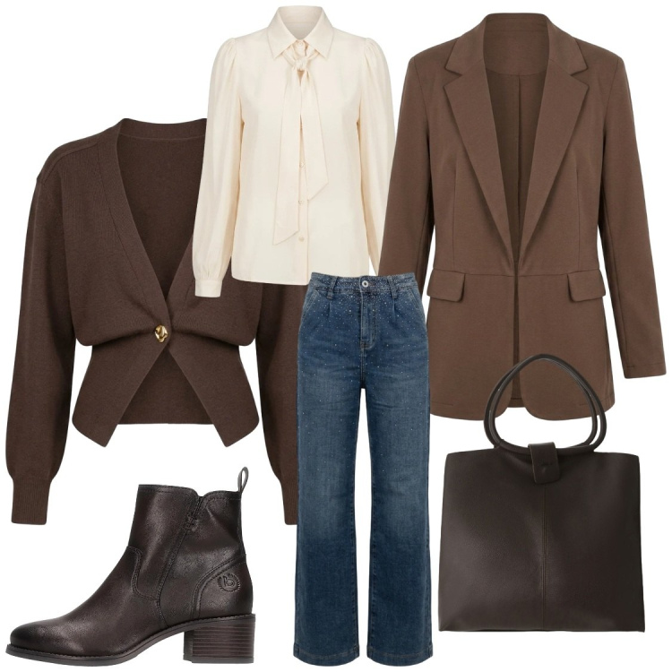 Outfit donna - A strati ma con eleganza. Stile Chic per Ufficio. Abbinamento con borse a spalla, jeans, cardigans, camicie, blazer, stivaletti.