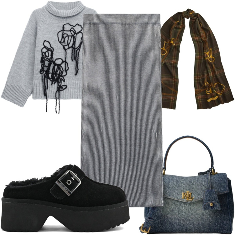 Outfit donna - Total look #2490277. Stile Trendy per Tutti i giorni. Abbinamento con gonne longuette, pullovers, borse a mano, sciarpe, sabot.