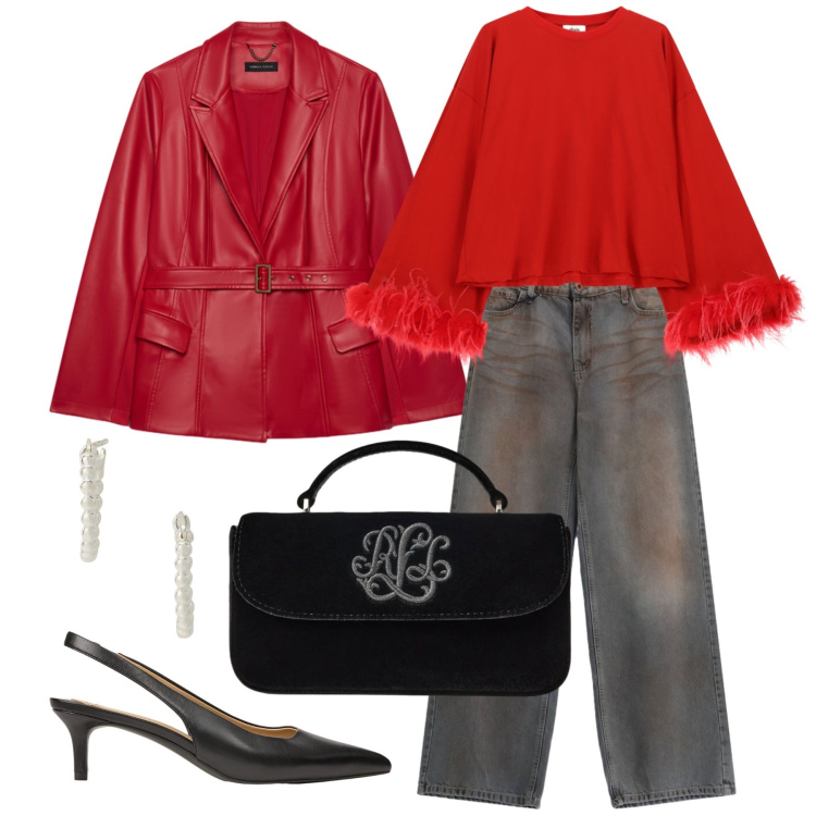 Outfit donna - Ottobre. Stile Glamour per Tutti i giorni. Abbinamento con blazer, orecchini, décolleté, borse a mano, jeans dritti, top.