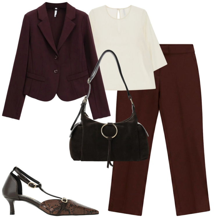 Outfit donna - City. Stile Trendy per Tutti i giorni. Abbinamento con pantaloni, blazer, bluse, borse a spalla, décolleté.