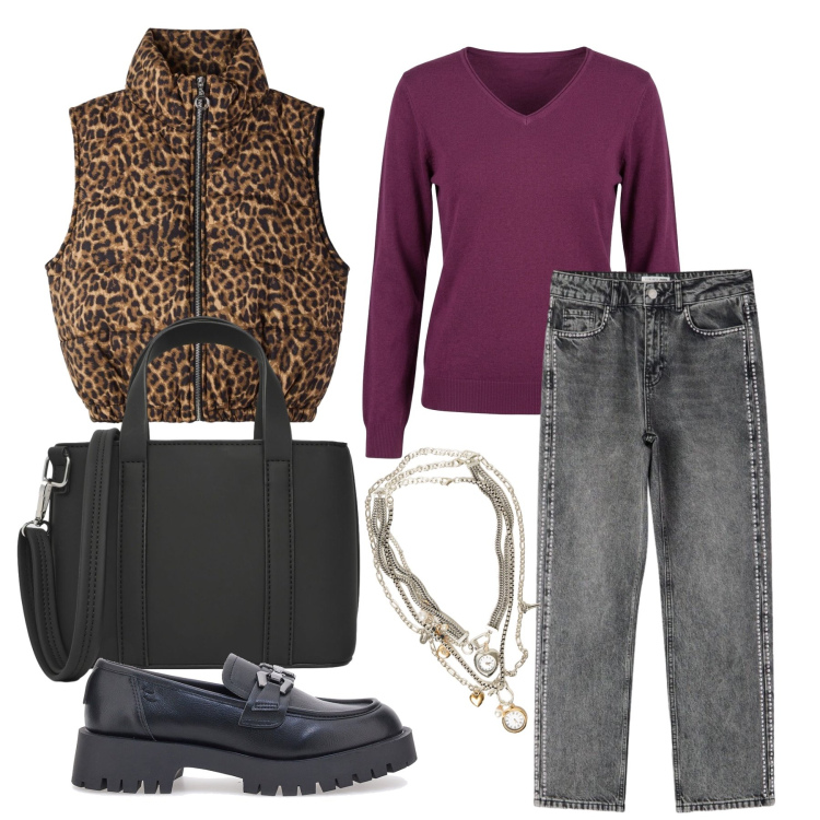 Outfit donna - Ottobre. Stile Casual per Tutti i giorni. Abbinamento con maglieria, collane, jeans mom, borse a tracolla, piumini, mocassini.