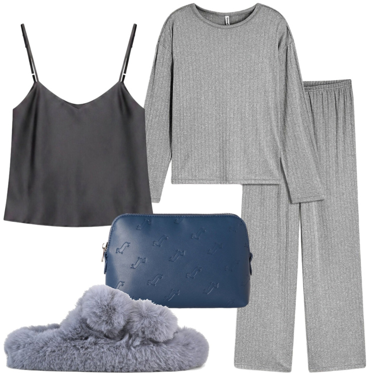 Outfit donna - Pigiama minimale. Stile Basic per Tutti i giorni. Abbinamento con pochette, top, pigiama, ciabatte.