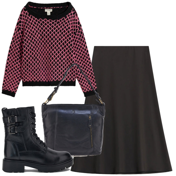 Outfit donna - Arresa all'autunno. Stile Rock per Tutti i giorni. Abbinamento con gonne longuette, maglieria, borse a spalla, anfibi.