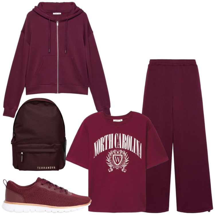 Outfit donna - Total look #2490302. Stile Sporty chic per Sport. Abbinamento con pantaloni, felpe con cappuccio, t-shirt, zaini, sneakers.