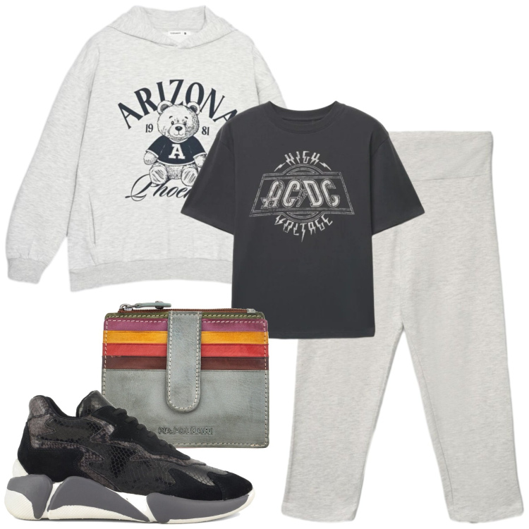 Outfit donna - Cammina e respira. Stile Sporty chic per Sport. Abbinamento con leggings, felpe con cappuccio, t-shirt, portafogli, sneakers alte.