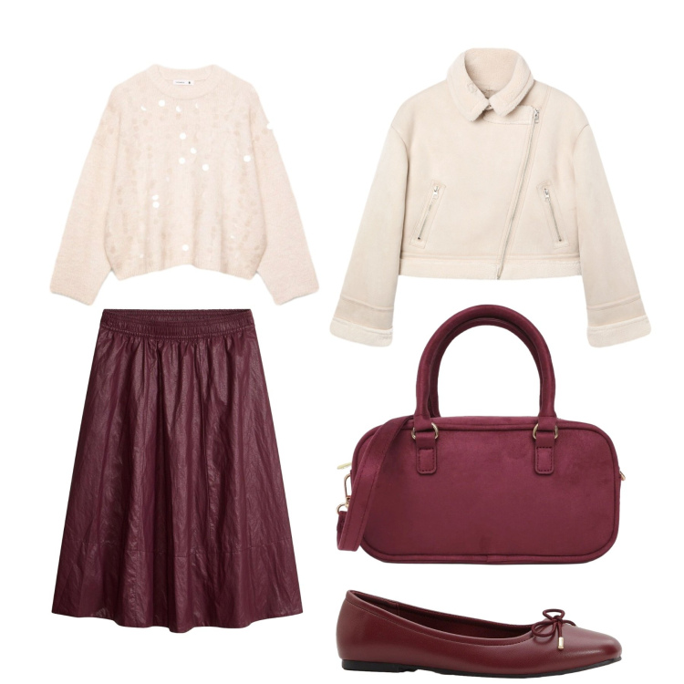 Outfit donna - Scintillante. Stile Bon Ton per Tutti i giorni. Abbinamento con maglieria, giacche, borse a tracolla, ballerine, gonne.