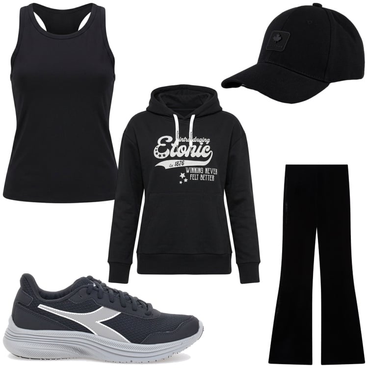 Outfit donna - Sportivo total black. Stile Sporty chic per Sport. Abbinamento con cappelli con visiera, leggings, felpe con cappuccio, scarpe sportive, canottiere.