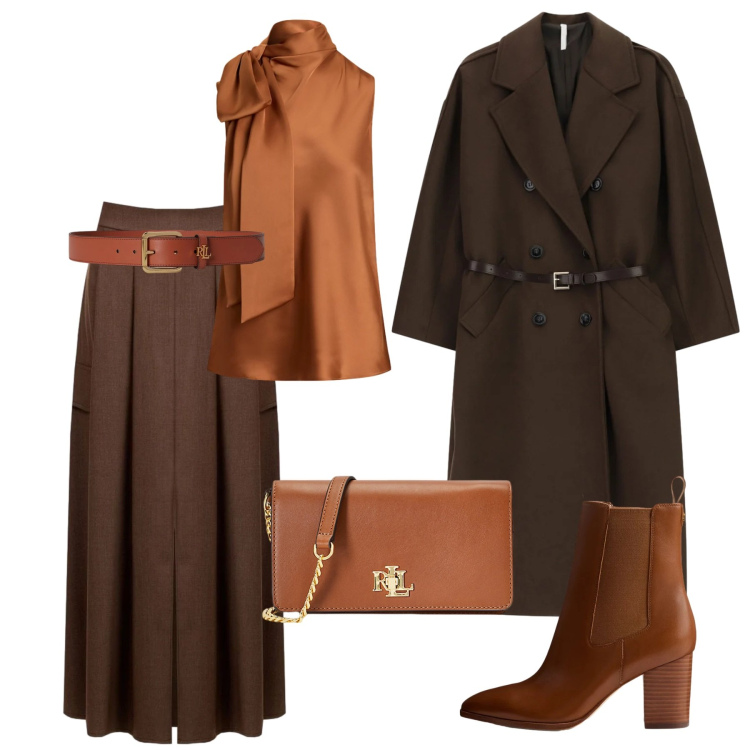 Outfit donna - Cinnamon autumn. Stile Chic per Tutti i giorni. Abbinamento con cappotti, bluse, stivaletti, borse a tracolla, cinture, gonne lunghe.