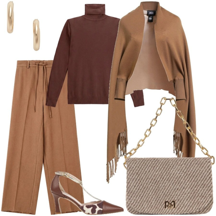 Outfit donna - Total look #2490329. Stile Chic per Ufficio. Abbinamento con pantaloni a palazzo, orecchini, t-shirt, borse a spalla, cappe, décolleté.
