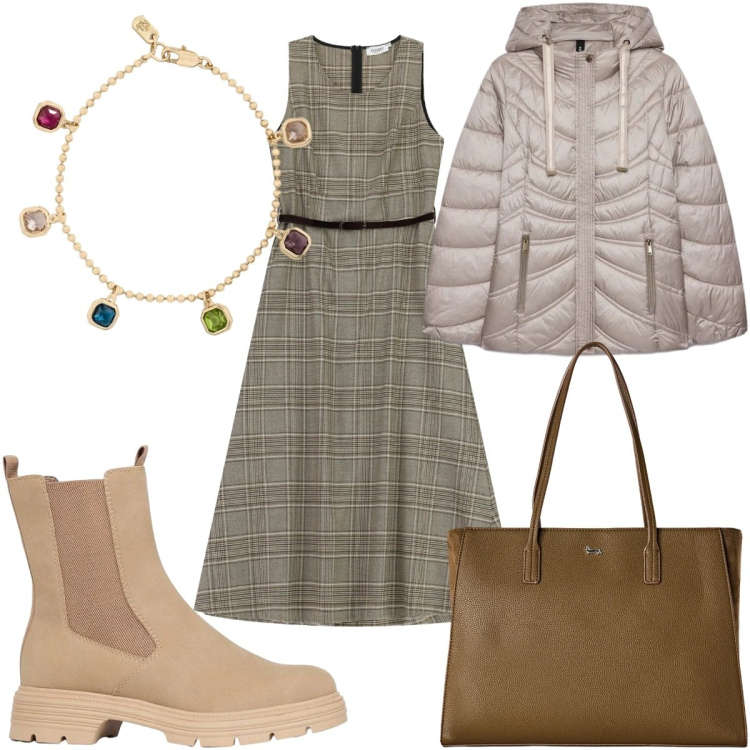 Outfit donna - Total look #2490335. Stile Sporty chic per Tutti i giorni. Abbinamento con shopping bag, piumini, braccialetti, vestiti midi/longuette, stivaletti.