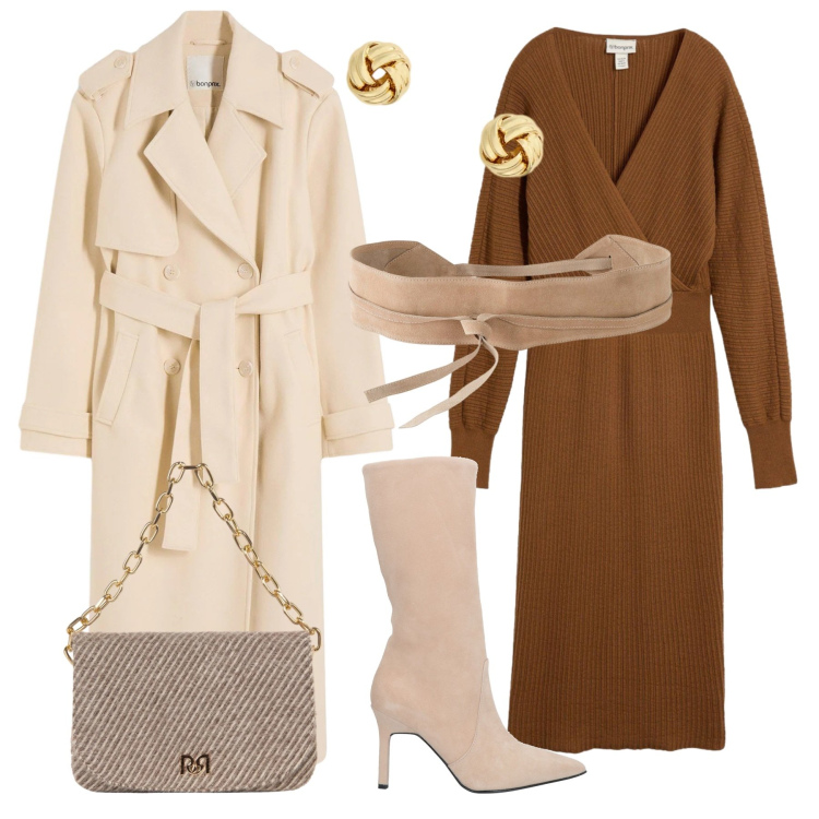 Outfit donna - Spicy mood. Stile Chic per Serata fuori. Abbinamento con orecchini, borse a spalla, stivali, cinture, trench, vestiti.