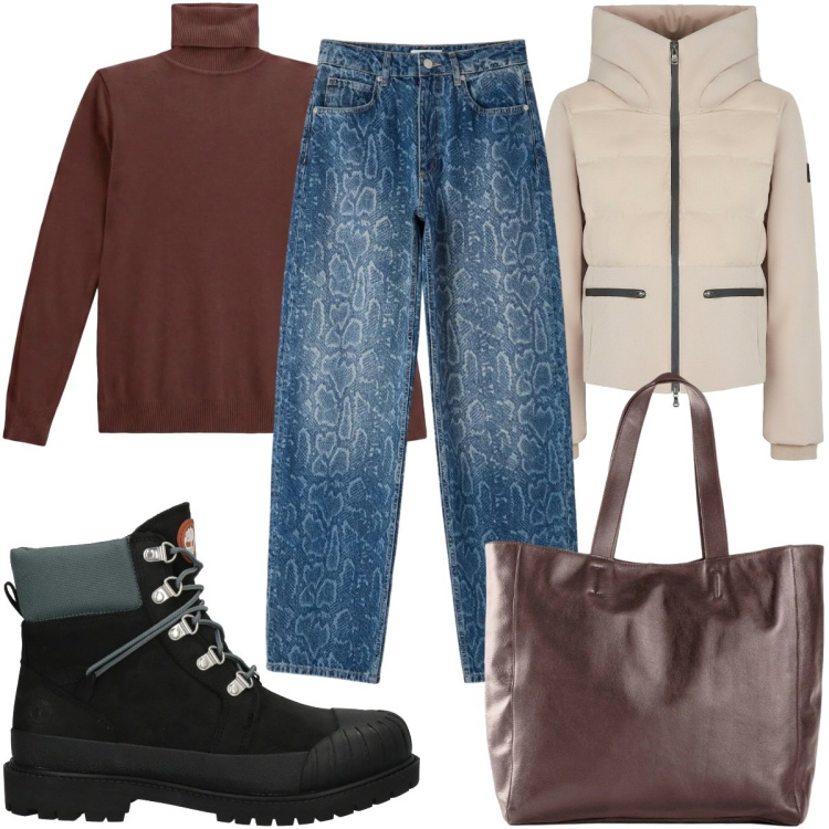 Outfit donna - Total look #2490340. Stile Casual per Tutti i giorni. Abbinamento con t-shirt, piumini, stivaletti, jeans dritti, shopping bag.