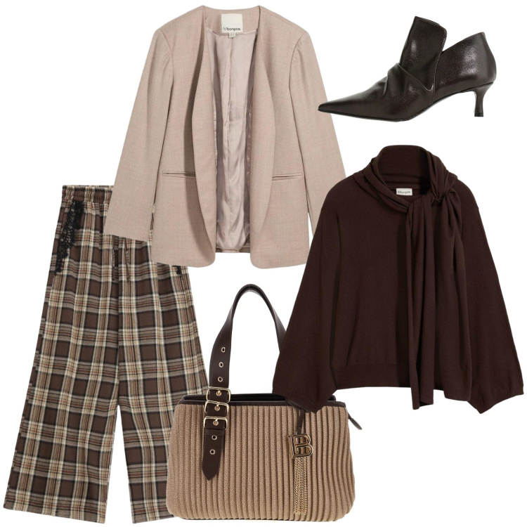 Outfit donna - Il mio lunedì al lavoro. Stile Casual per Ufficio. Abbinamento con stivaletti, pantaloni a palazzo, blazer, pullovers, borse a mano.