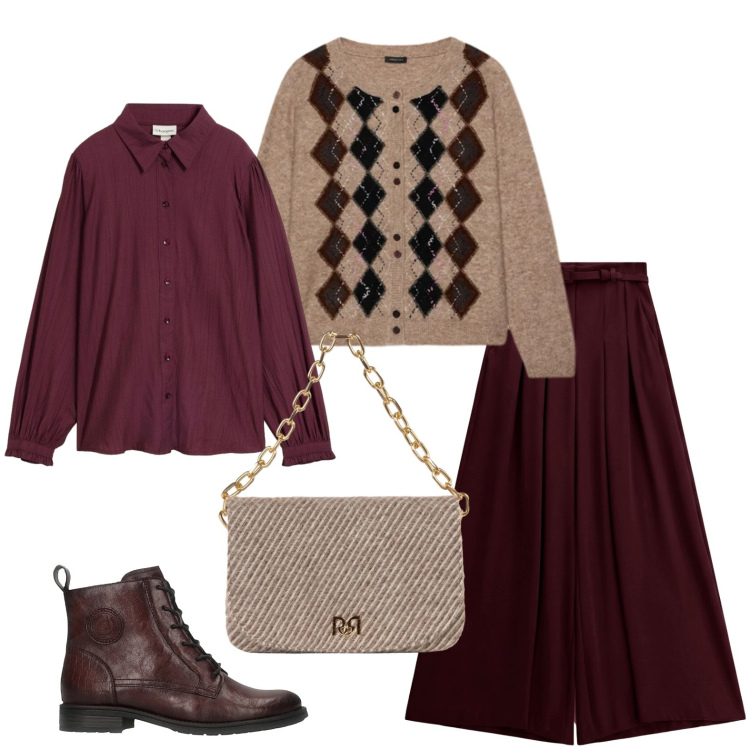 Outfit donna - In burgundy per il torneo di burraco. Stile Urban per Serata fuori. Abbinamento con pantaloni a palazzo, cardigans, borse a spalla, anfibi, bluse.