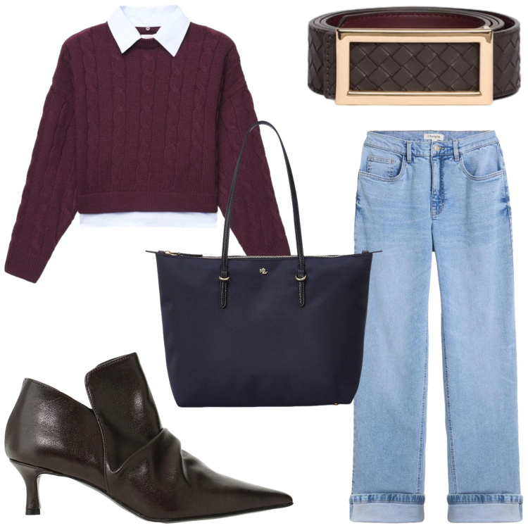 Outfit donna - Università. Stile Casual per Scuola/Università. Abbinamento con cinture, stivaletti, borse tote, maglieria, jeans dritti.