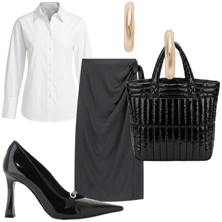 Outfit donna - Elegante in ufficio. Stile Casual chic per Ufficio. Abbinamento con décolleté, gonne lunghe, orecchini, camicie, borse a mano.