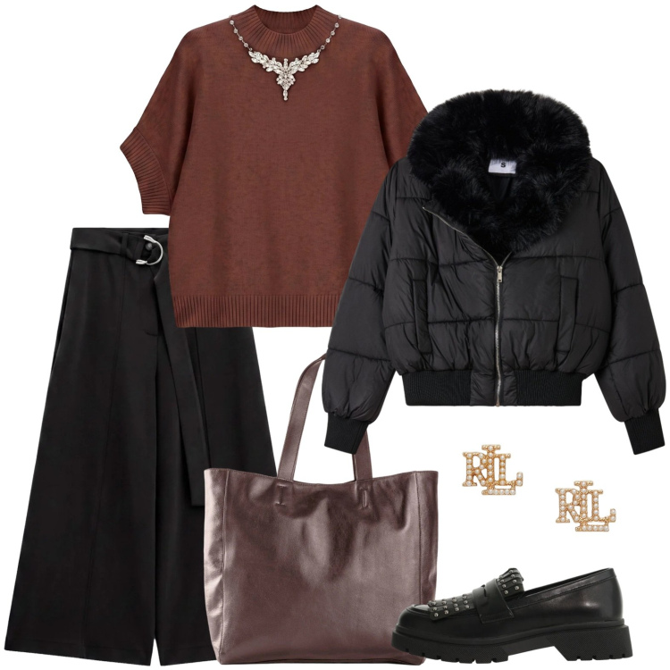 Outfit donna - Venerdì sera con le amiche. Stile Basic per Serata fuori. Abbinamento con pantaloni a palazzo, mocassini, maglieria, orecchini, bomber, shopping bag.