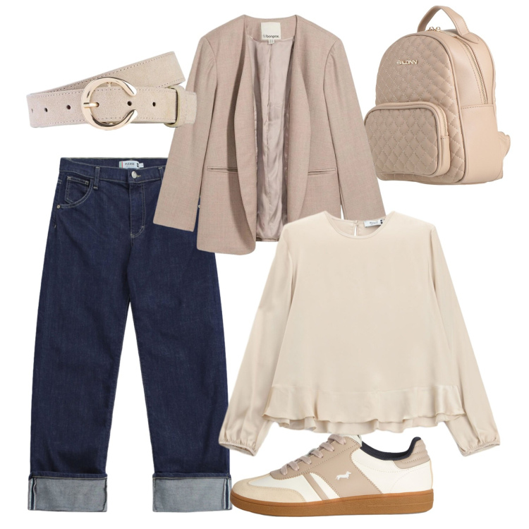 Outfit donna - A nice day. Stile Casual per Tutti i giorni. Abbinamento con sneakers, jeans dritti, bluse, zaini, blazer, cinture.