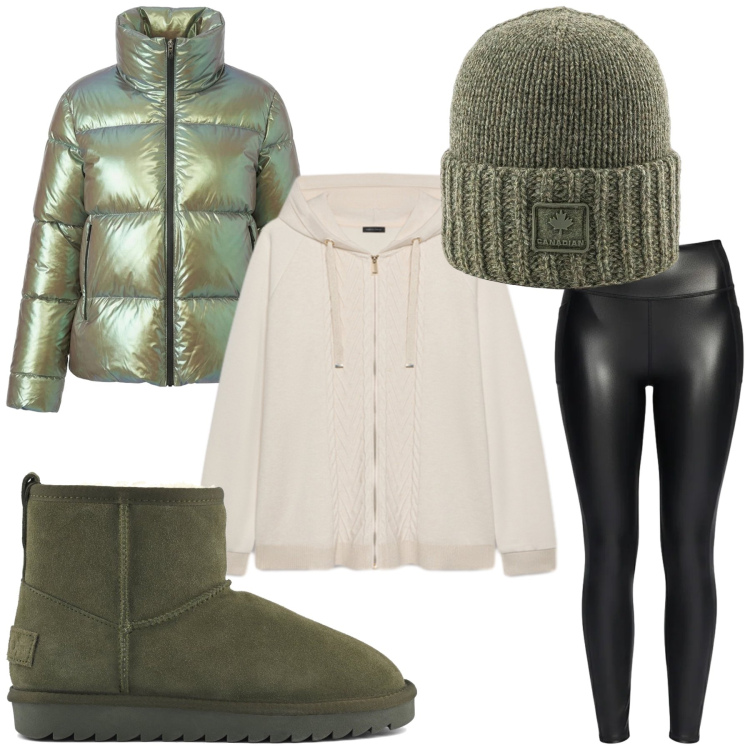 Outfit donna - Verde. Stile Casual per Tutti i giorni. Abbinamento con felpe con cappuccio, piumini, berretti, leggings, stivali.