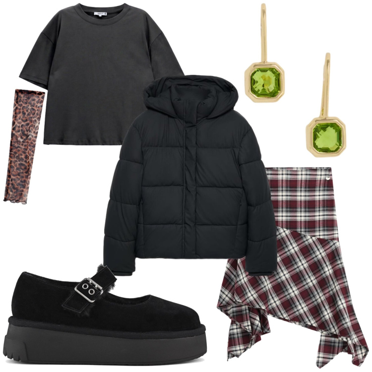 Outfit donna - Confusione. Stile Casual per Tutti i giorni. Abbinamento con gonne longuette, orecchini, t-shirt, piumini, décolleté.