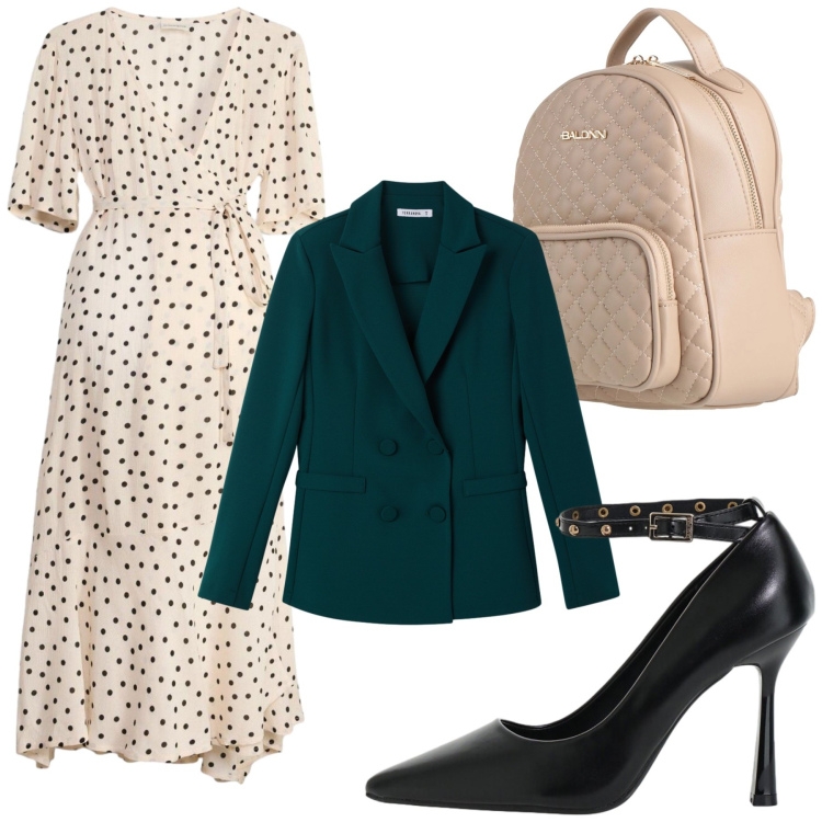 Outfit donna - Tocco di verde. Stile Casual per Tutti i giorni. Abbinamento con décolleté, zaini, blazer, vestiti.