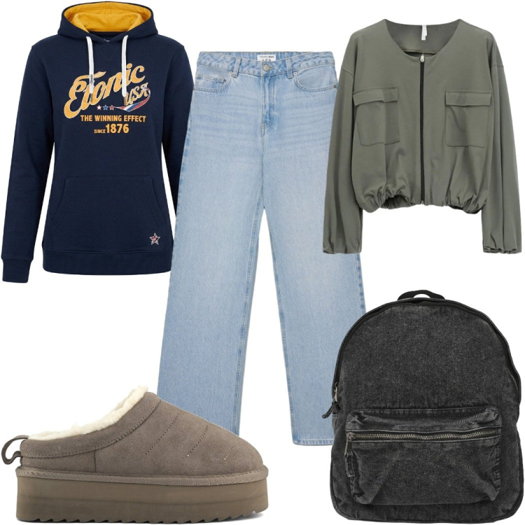 Outfit donna - Total look #2490375. Stile Trendy per Scuola/Università. Abbinamento con bomber, jeans, zaini, sabot, felpe con cappuccio.
