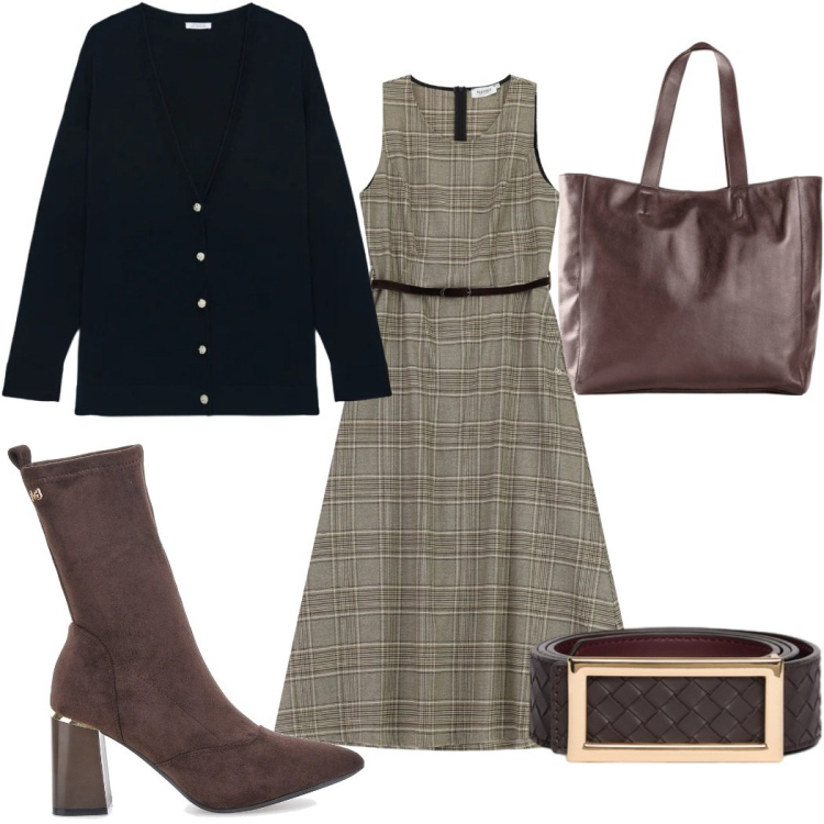Outfit donna - Total look #2490376. Stile Trendy per Tutti i giorni. Abbinamento con cardigans, cinture, vestiti midi/longuette, stivaletti, shopping bag.