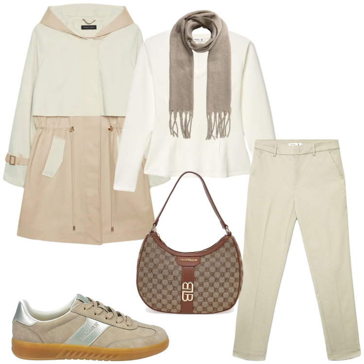 Outfit donna - Total look #2490379. Stile Chic per Tutti i giorni. Abbinamento con trench, pantaloni skinny, t-shirt, sciarpe, sneakers, borse a spalla.