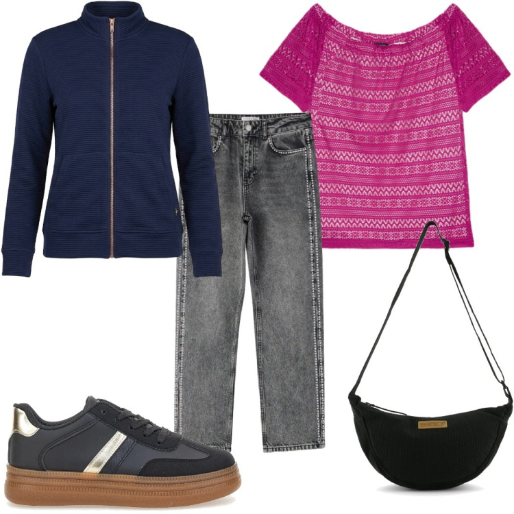 Outfit donna - Total look #2490382. Stile Basic per Tutti i giorni. Abbinamento con t-shirt, jeans mom, borse a tracolla, sneakers, blazer.