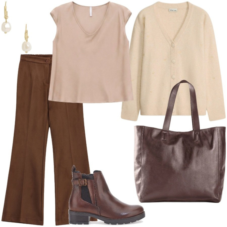 Outfit donna - Total look #2490383. Stile Casual chic per Tutti i giorni. Abbinamento con t-shirt, pantaloni, orecchini, shopping bag, cardigans, stivaletti.