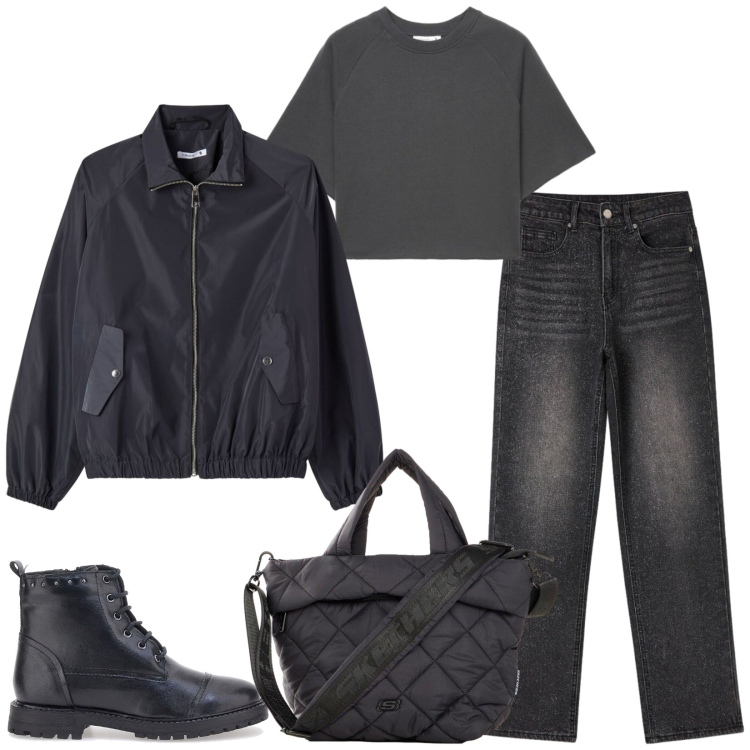 Outfit donna - Total look #2490385. Stile Basic per Tutti i giorni. Abbinamento con jeans, t-shirt, bomber, anfibi, borse a tracolla.
