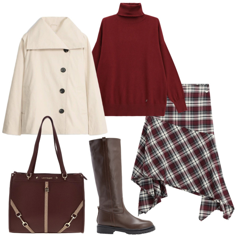 Outfit donna - Domenica in città. Stile Trendy per Tutti i giorni. Abbinamento con gonne longuette, pullovers, stivali, trench, borse a spalla.