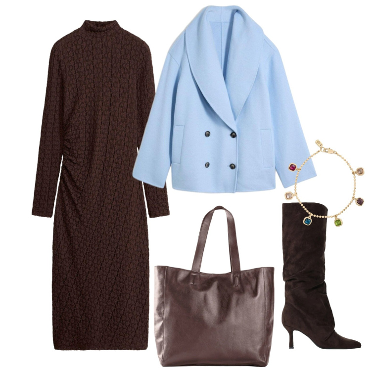 Outfit donna - Serata a teatro con il mio amore. Stile Glamour per Serata fuori. Abbinamento con stivali, braccialetti, vestiti midi/longuette, caban, shopping bag.