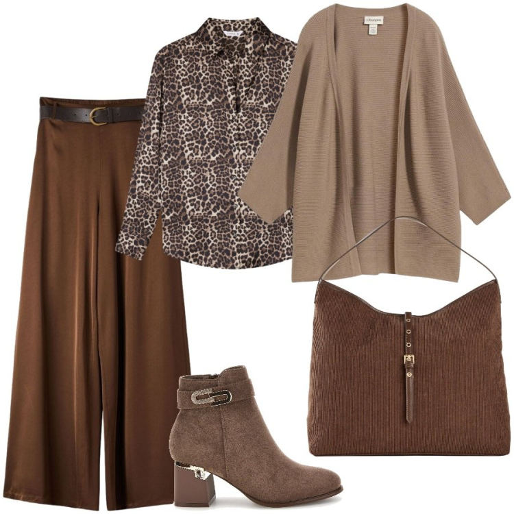 Outfit donna - Total look #2490392. Stile Chic per Tutti i giorni. Abbinamento con camicie, pantaloni, stivaletti, shopping bag, cardigans.