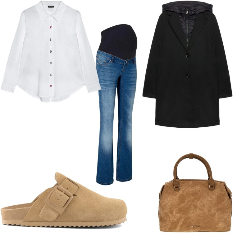 Outfit donna - Total look #2490394. Stile Casual per Tutti i giorni. look ideale per Premaman. Abbinamento con jeans bootcut, camicie, cappotti, sabot, borse a tracolla.