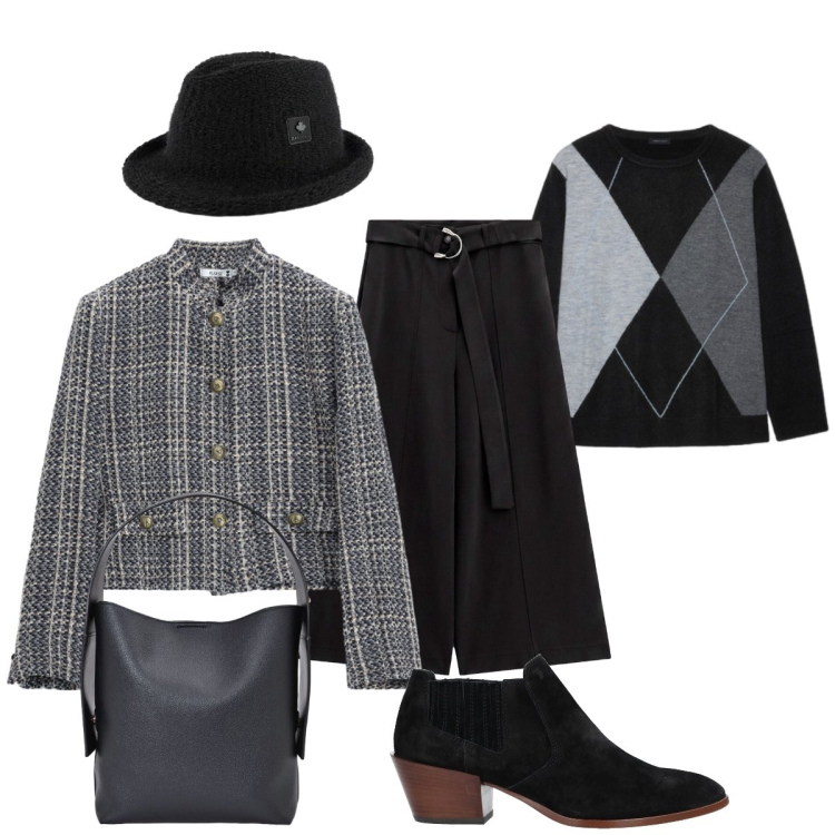 Outfit donna - In città. Stile Chic per Tutti i giorni. Abbinamento con pantaloni a palazzo, maglieria, cappotti, borse a spalla, cappelli, stivaletti.