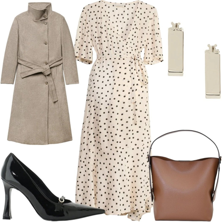 Outfit donna - Total look #2490396. Stile Vintage retrò per Tutti i giorni. Abbinamento con décolleté, orecchini, borse a mano, cappotti, vestiti.