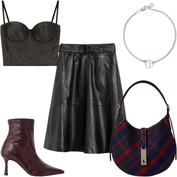 Outfit donna - Total look #2490398. Stile Glamour per Serata fuori. Abbinamento con stivaletti, top, borse a spalla, braccialetti con ciondoli, gonne.