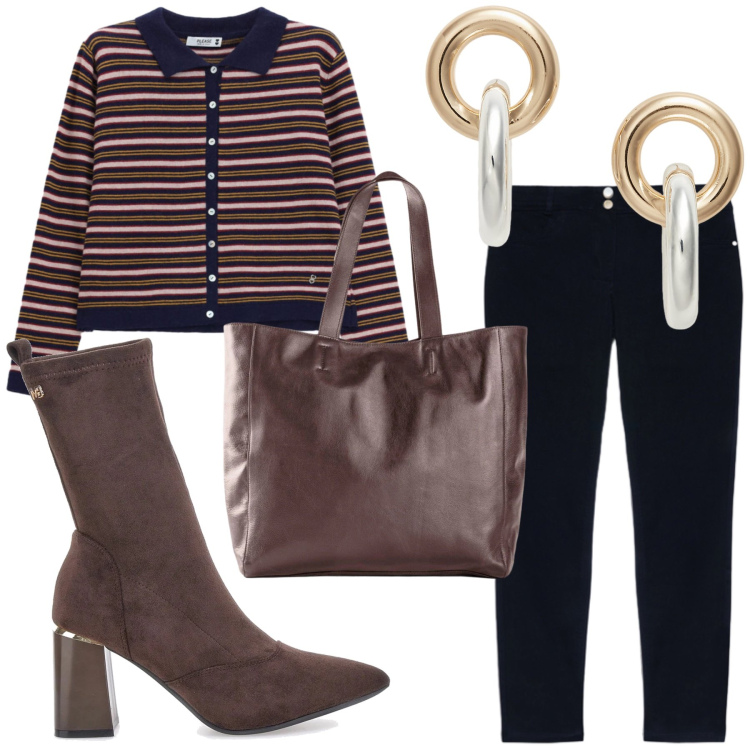Outfit donna - Casual. Stile Casual per Tutti i giorni. Abbinamento con jeans skinny, orecchini, cardigans, stivaletti, shopping bag.