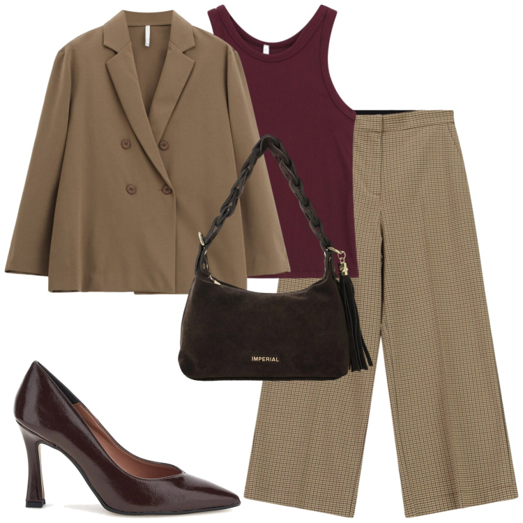 Outfit donna - Imperial. Stile Chic per Tutti i giorni. Abbinamento con pantaloni a palazzo, canottiere, borse a spalla, blazer, décolleté.