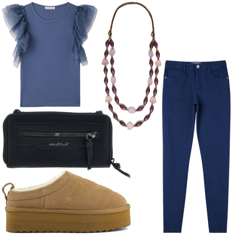 Outfit donna - Casual. Stile Casual per Tutti i giorni. Abbinamento con collane, t-shirt, pantaloni skinny, sabot, portafogli.