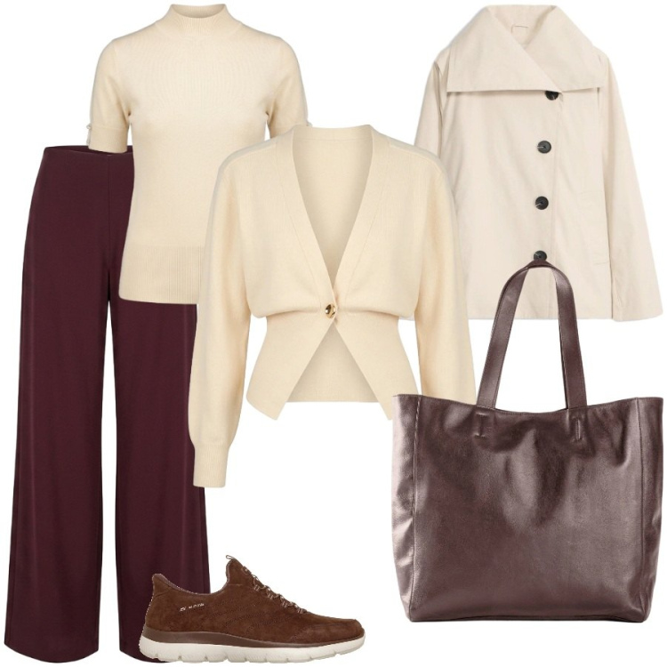 Outfit donna - Total look #2490416. Stile Chic per Ufficio. Abbinamento con cardigans, pantaloni a palazzo, t-shirt, sneakers, trench, shopping bag.