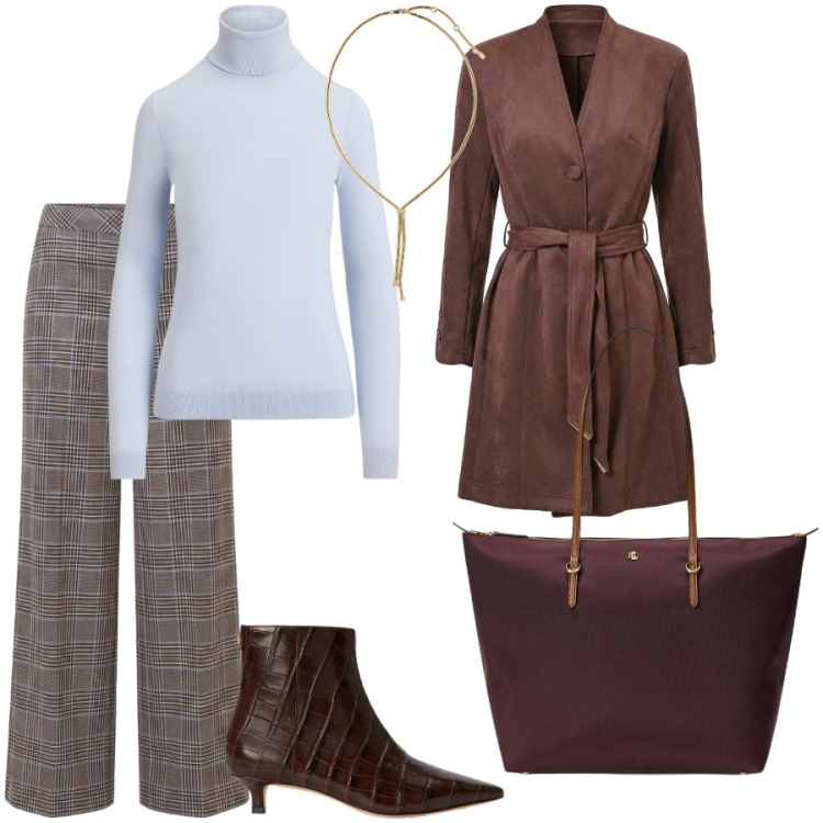 Outfit donna - Total look #2490421. Stile Chic per Serata fuori. Abbinamento con collane, borse tote, stivaletti, pullovers, pantaloni, trench.