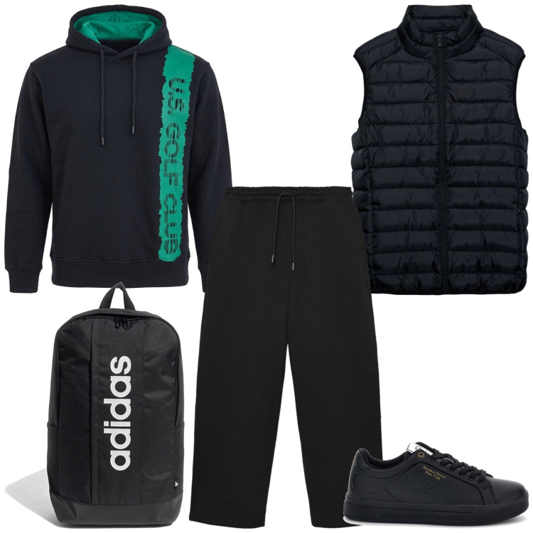Outfit uomo - Ready to go. Stile Casual per Sport. Abbinamento con piumini, pantaloni, borse sportive, felpe con cappuccio, sneakers.